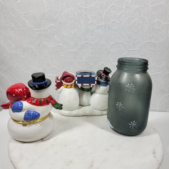 VTG Snowman Lot Yankee Candle Jar Light Holder Couple Hinged Trinket Box 1999 - Picture 6 of 16